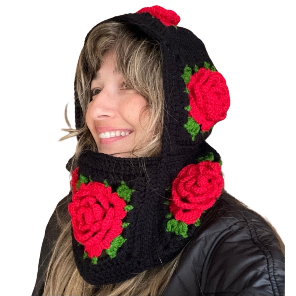 NEW Crochet Red Rose Floral Hand-Knit Soft Warm Winter Hat Balaclava